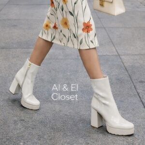 Guess BYRA Women’s Platform Block Heel Ankle Boots Ivory Patent, Size 6M NIB